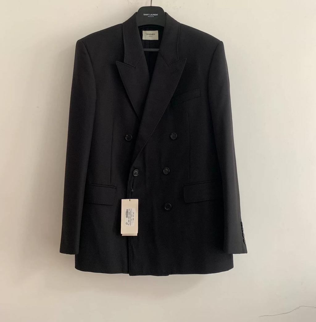 Saint Laurent SS25 Black Peak-Lapel Double-Breasted Wool Jacket
