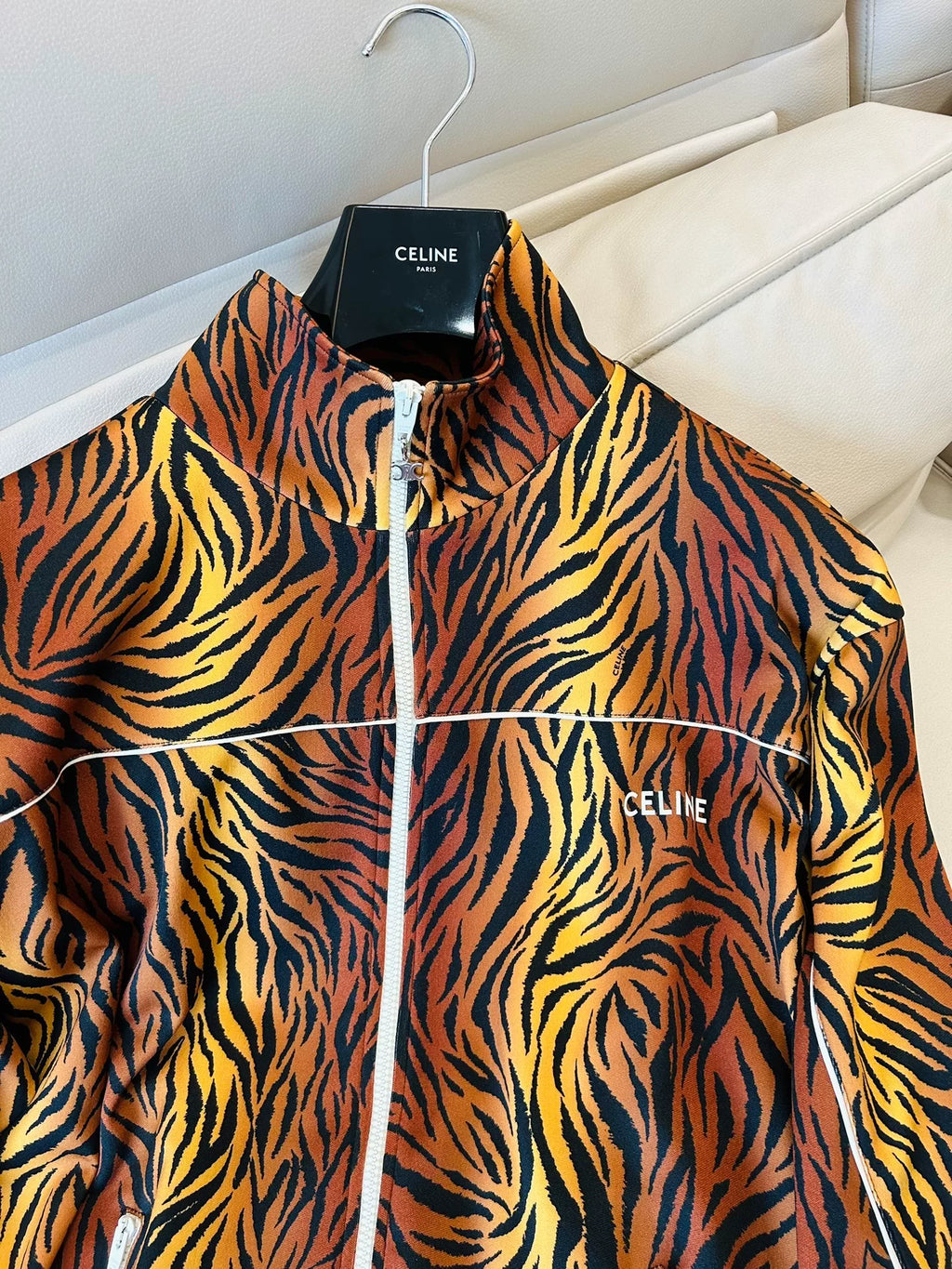 Celine Tiger Leopard Print Stand-Collar Zip-Up Knit Jacket