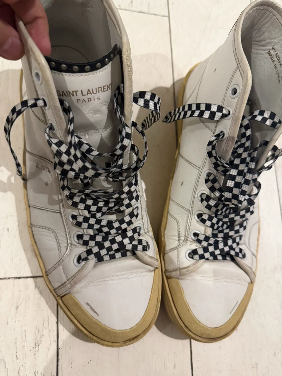 Saint Laurent Paris SS16 SL/37M White Distressed Checkerboard Laces Rivet High Top Sneakers by Hedi Slimane