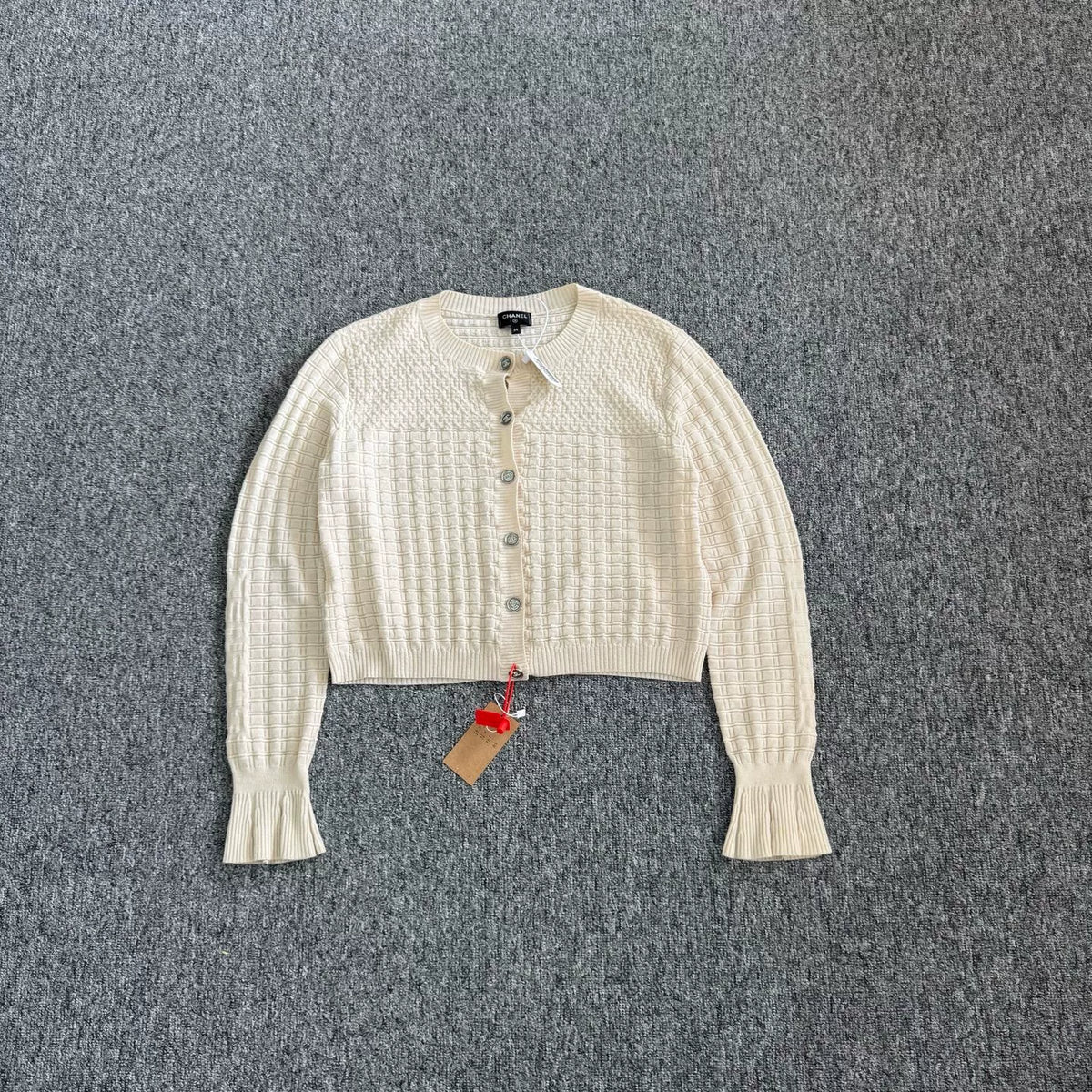 Chanel Off-White Waffle Diamond Knit Cardigan