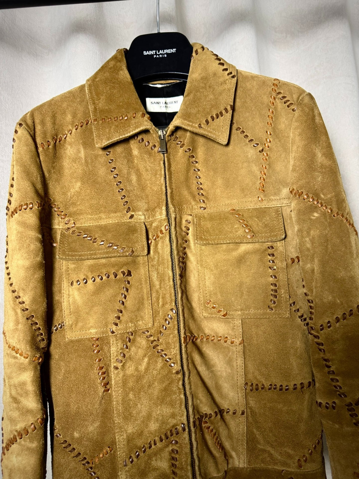 Saint Laurent 18FW Suede Leather Geometric Tied Jacket by Anthony Vaccarello