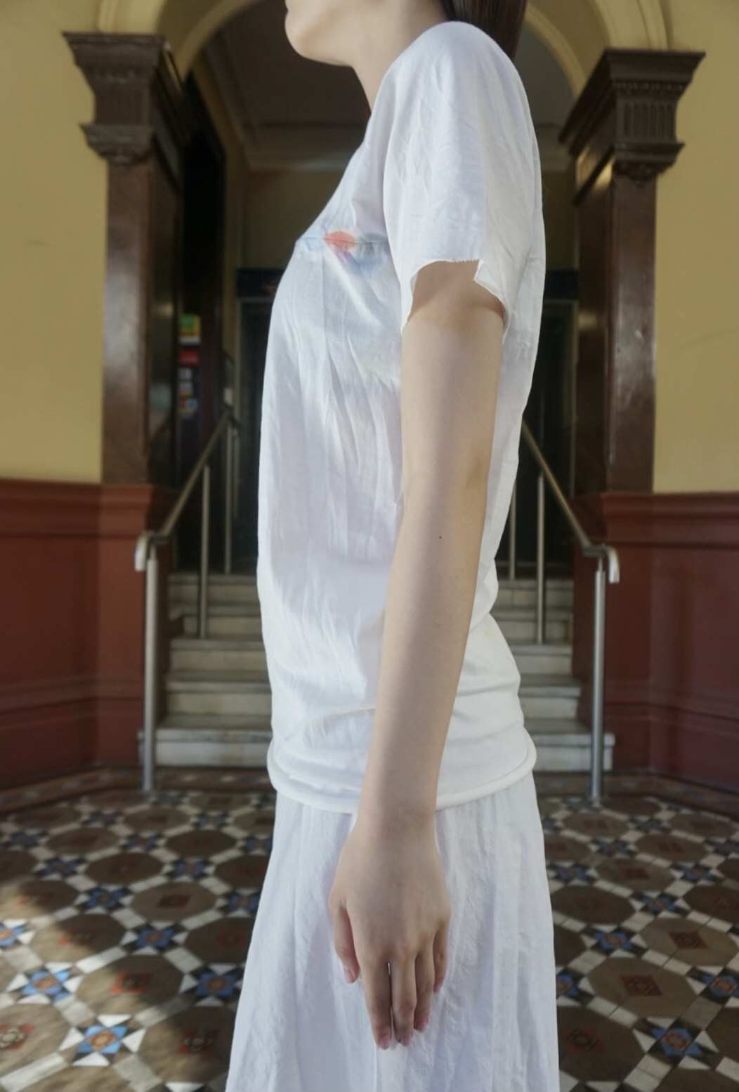 M.A+ SS19 White Color Spray Cross Cotton Short Sleeve Top