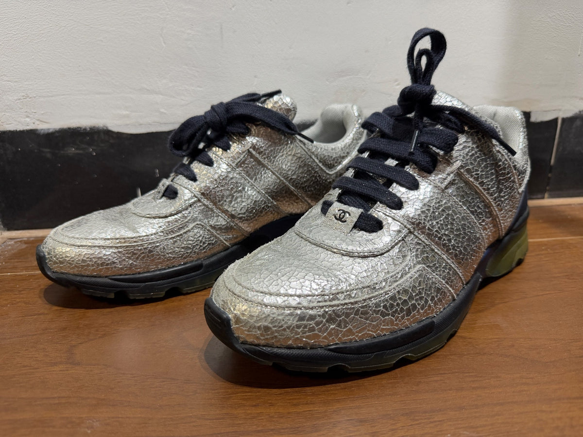 Chanel Silver Crinkle Leather Sneakers