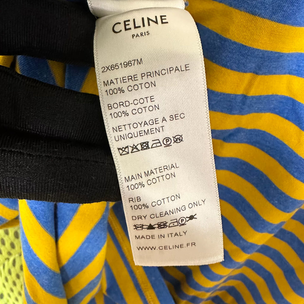 Celine Yellow Blue Stripe Arc de Triomphe Embroidered Cotton Short Sleeve Top