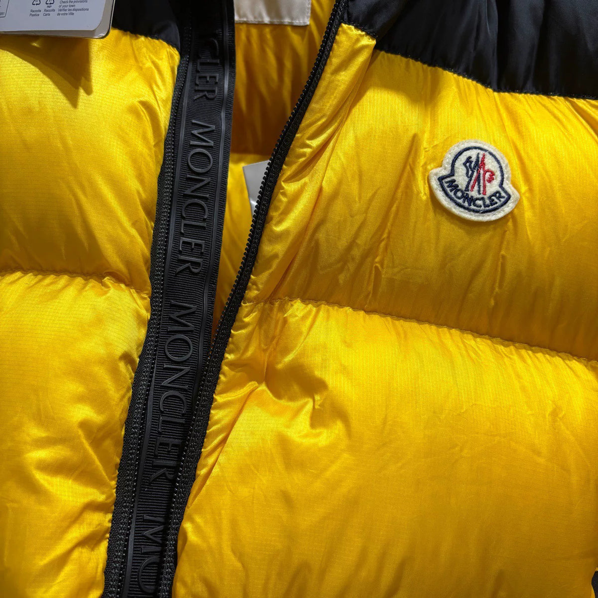 Moncler PEUPLIER Yellow Letter Print Webbing Colorblock Hidden Hood Nylon Down Jacket