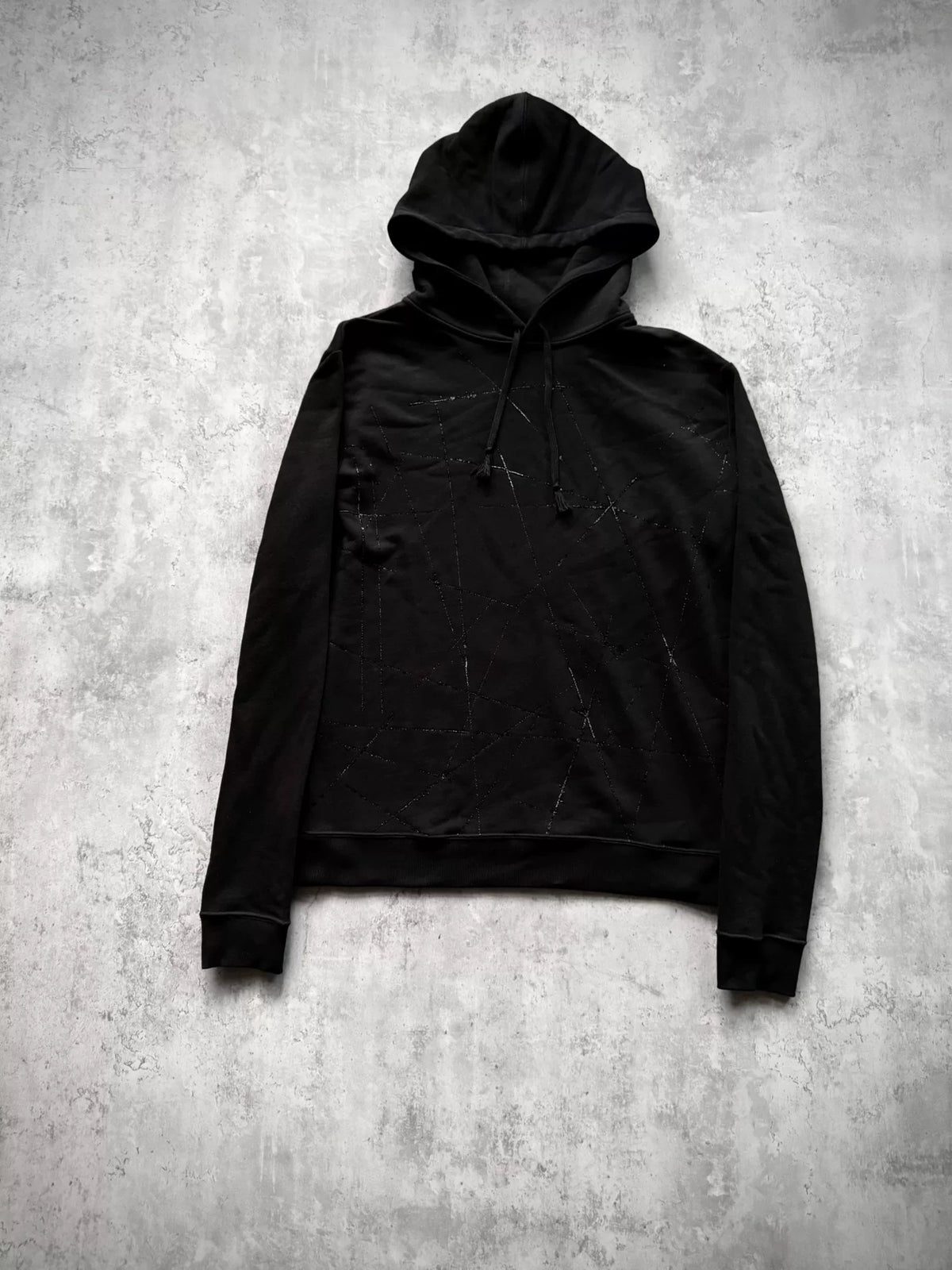 Saint Laurent Paris 19AW Black Geometric Star Glitter Embroidery Fringe Drawstring Hoodie by Anthony Vaccarello
