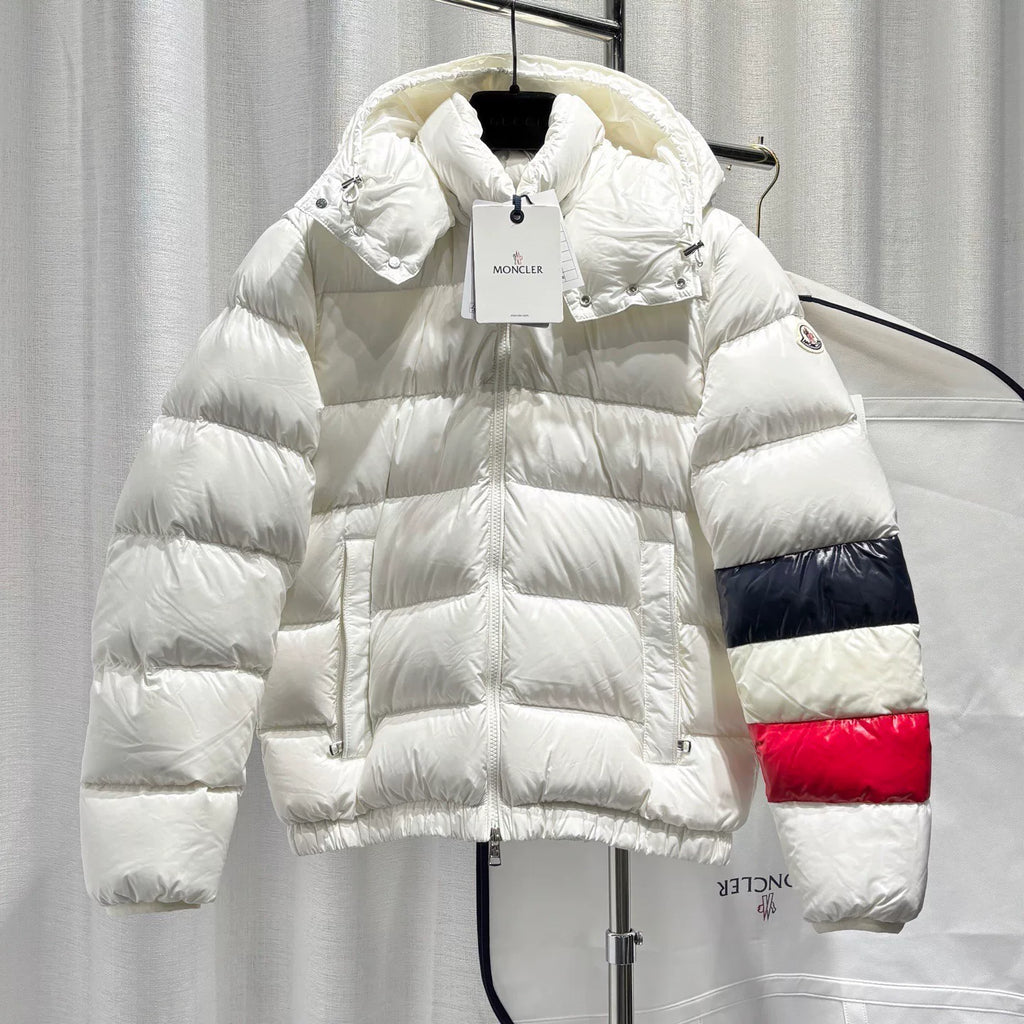 Moncler White Contrast Panel Detachable Hood Zip-Up Nylon Down Jacket