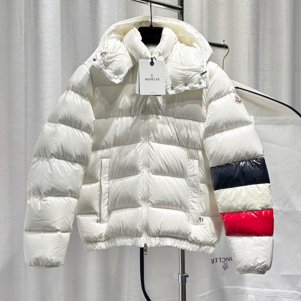 Moncler White Contrast Panel Detachable Hood Zip-Up Nylon Down Jacket