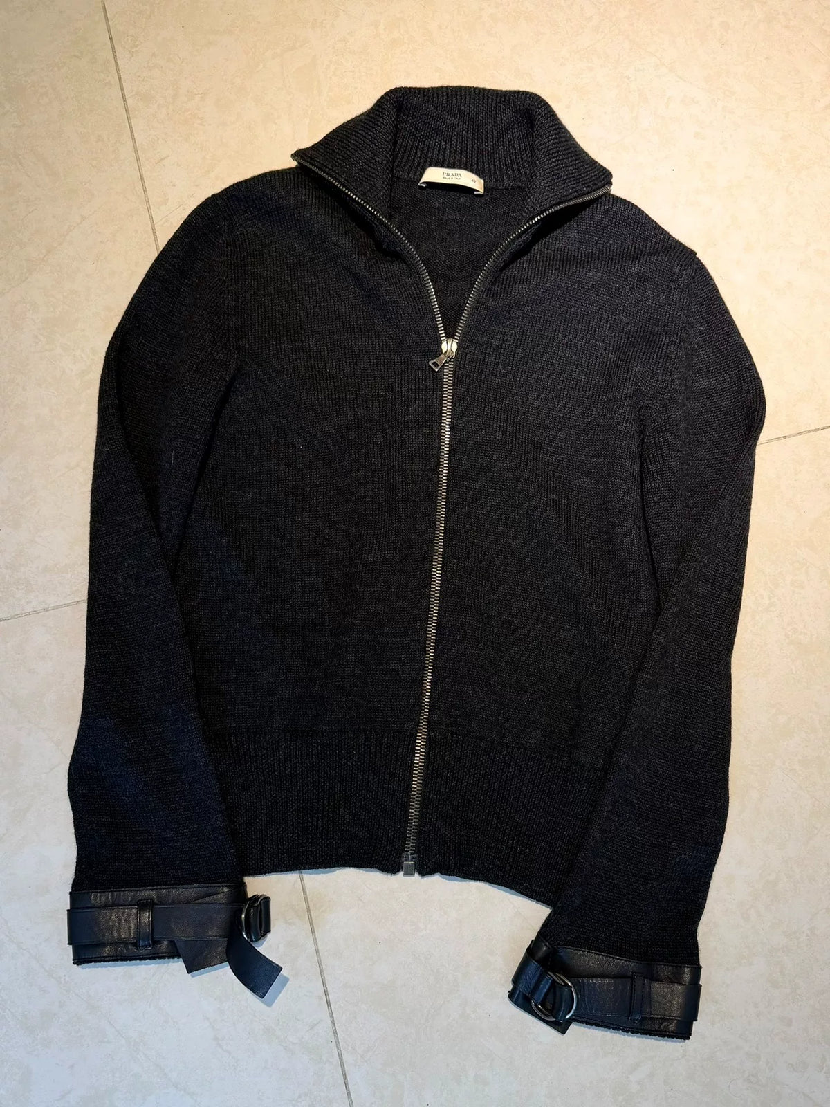 Prada Dark Grey Ribbed Turtleneck Wool Zip-Up Jacket
