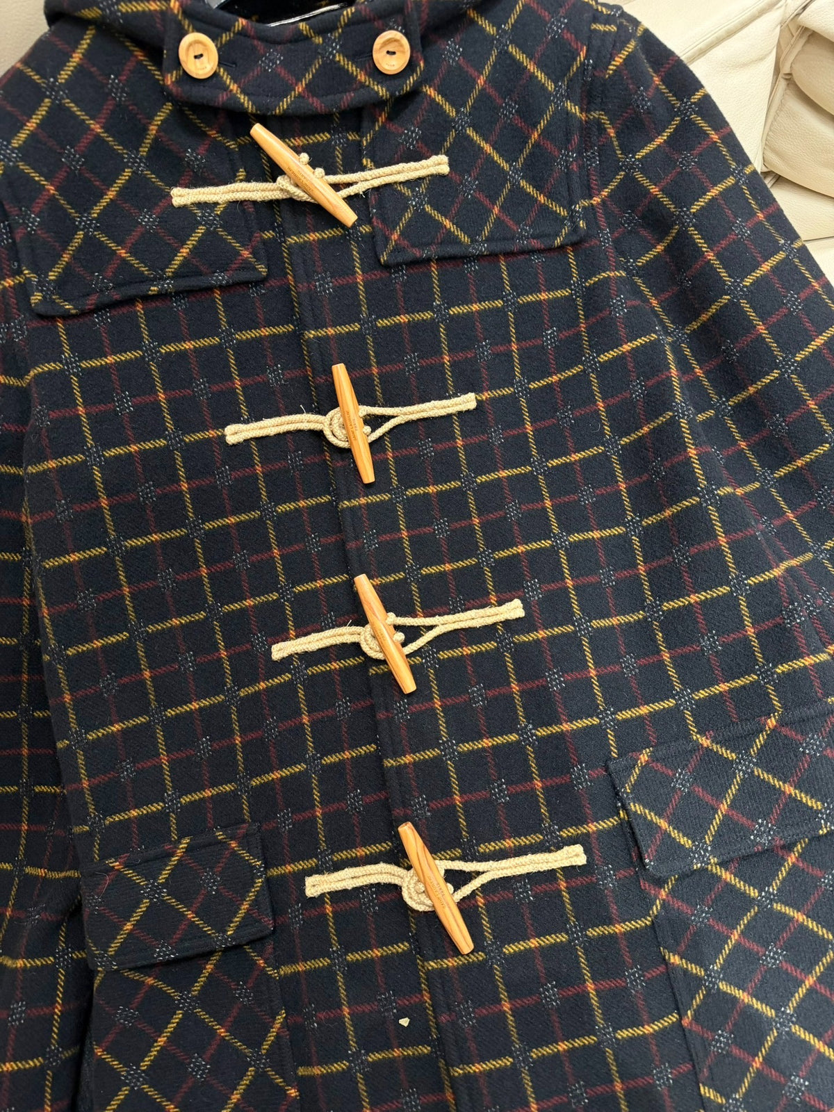 Saint Laurent Paris FW20 Plaid Horn-Button Hooded Wool Coat