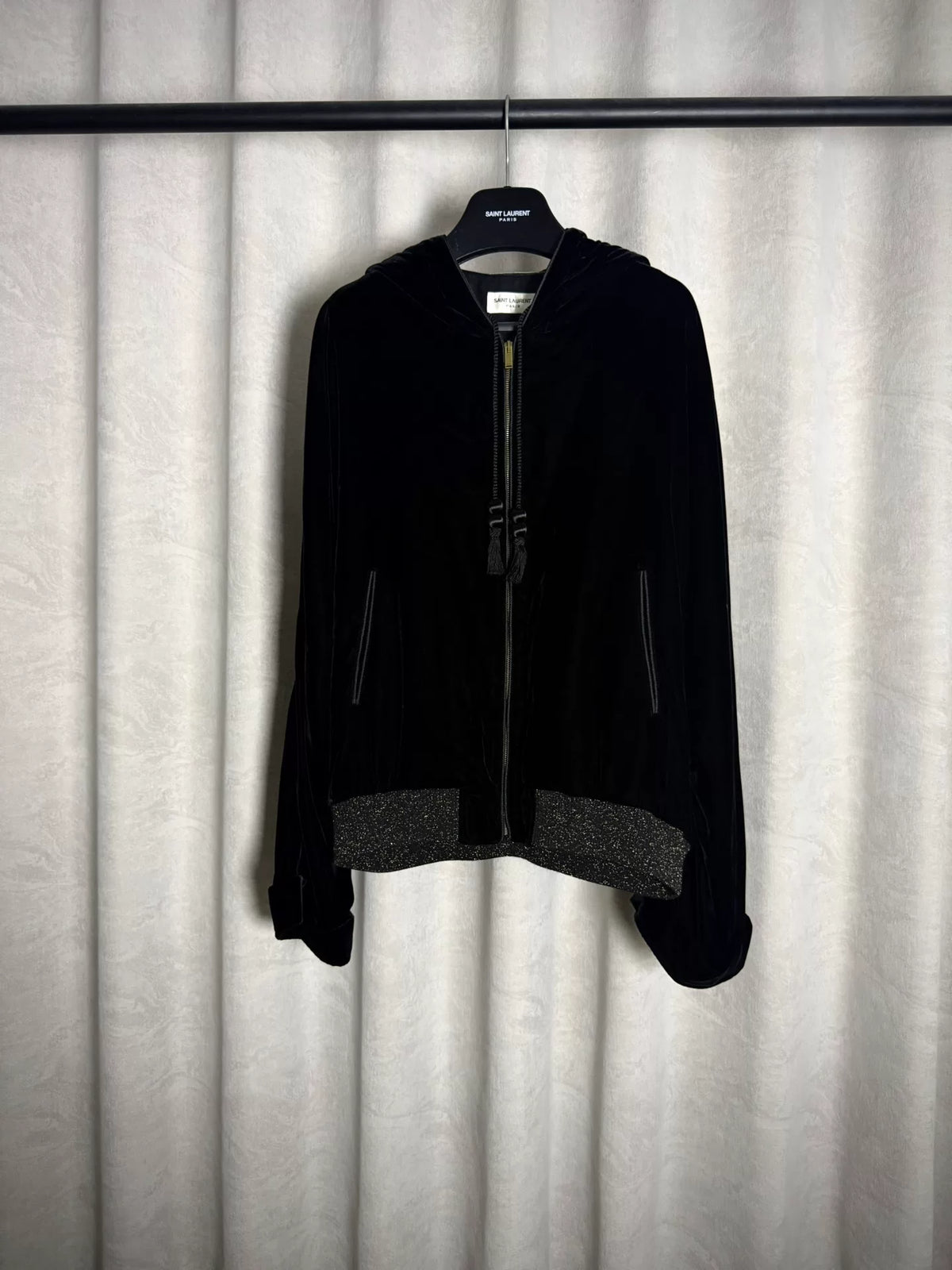 Saint Laurent Paris 20SS Black Velvet Hooded Jacket by Anthony Vaccarello