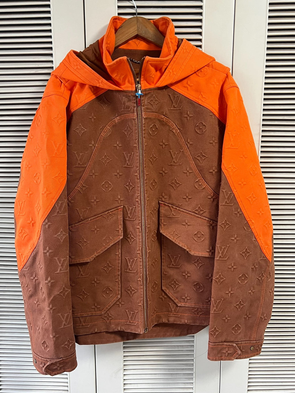Louis Vuitton orange patchwork lumberjack denim jacket