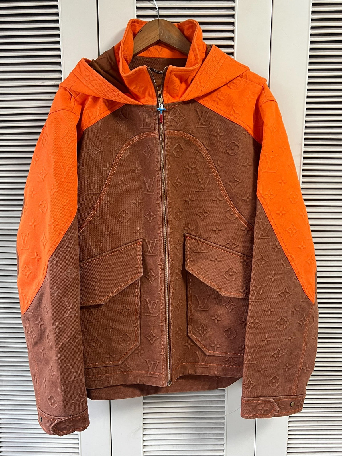 Louis Vuitton orange patchwork lumberjack denim jacket