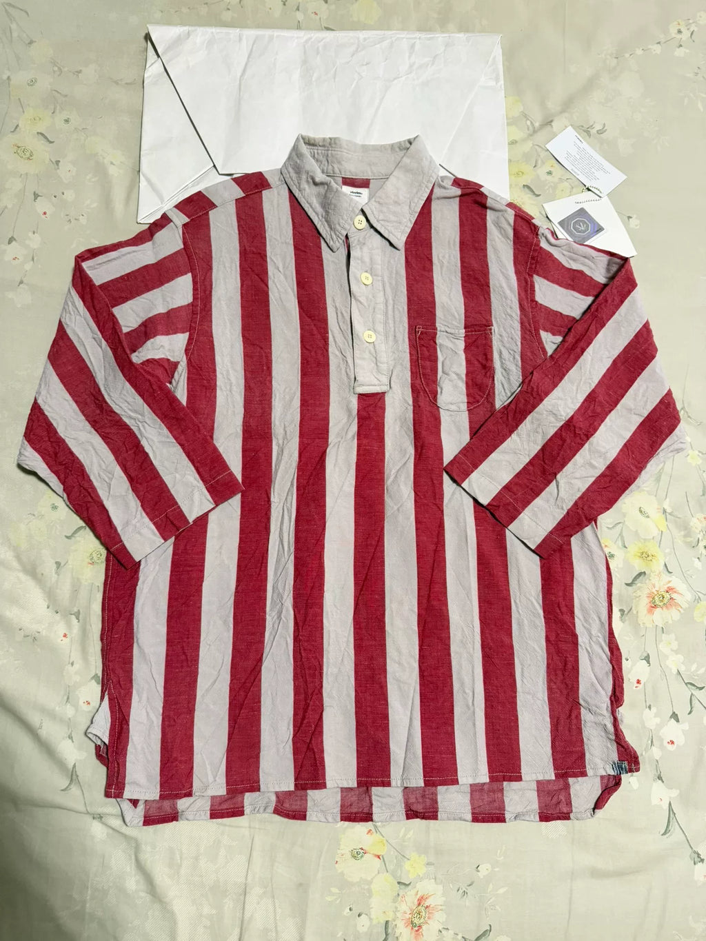 visvim SS20 Dead-ball Era Grey Red Striped Half-Collar Three-Quarter Sleeve Cotton Linen Shirt