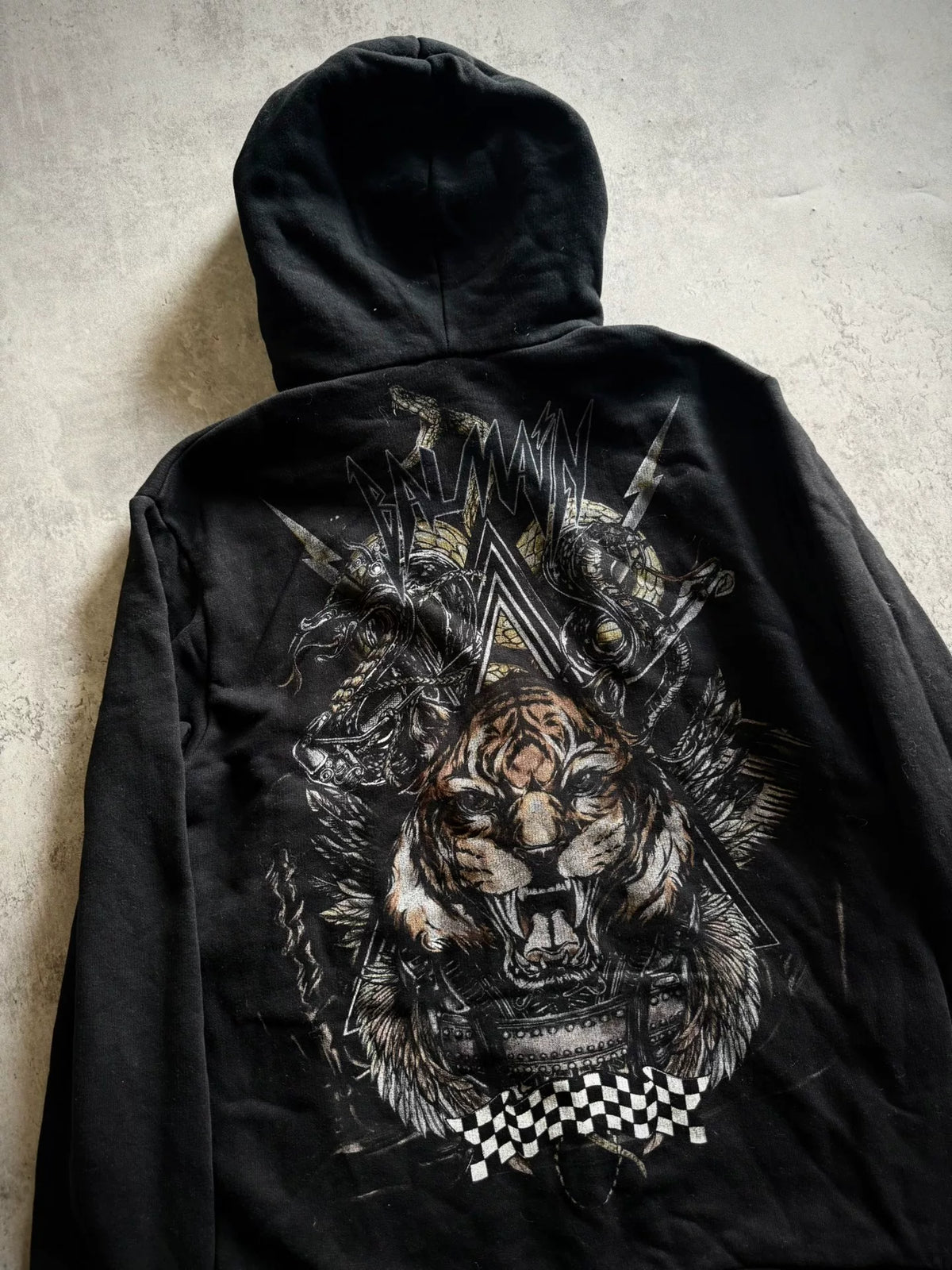 Balmain Black Zipper Check Tiger Head Snake Hooded Sweater