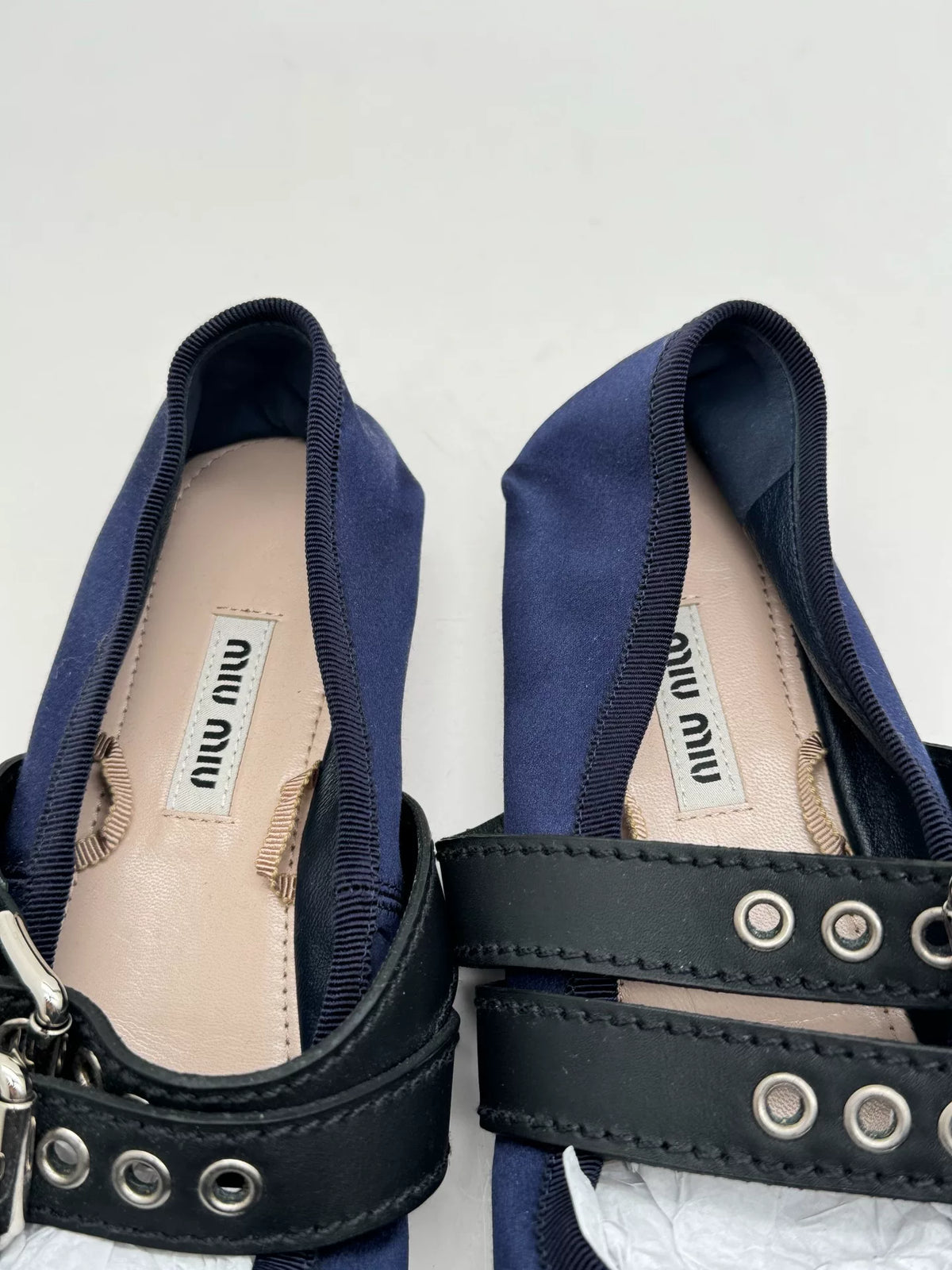 Miu Miu Navy Blue Satin Leather Bow Mary Janes