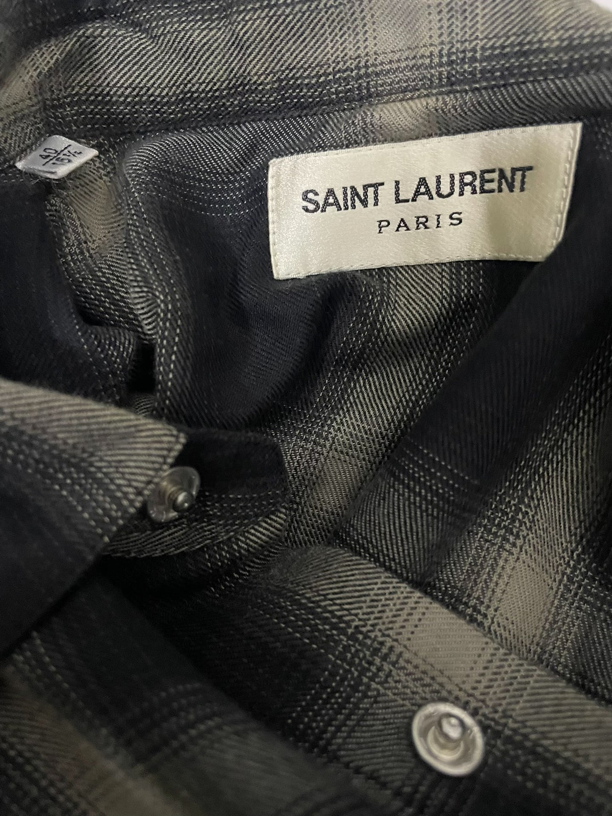Saint Laurent 13FW Hedi Slimane Black White Plaid Cat-Eye Button Shirt by Hedi Slimane