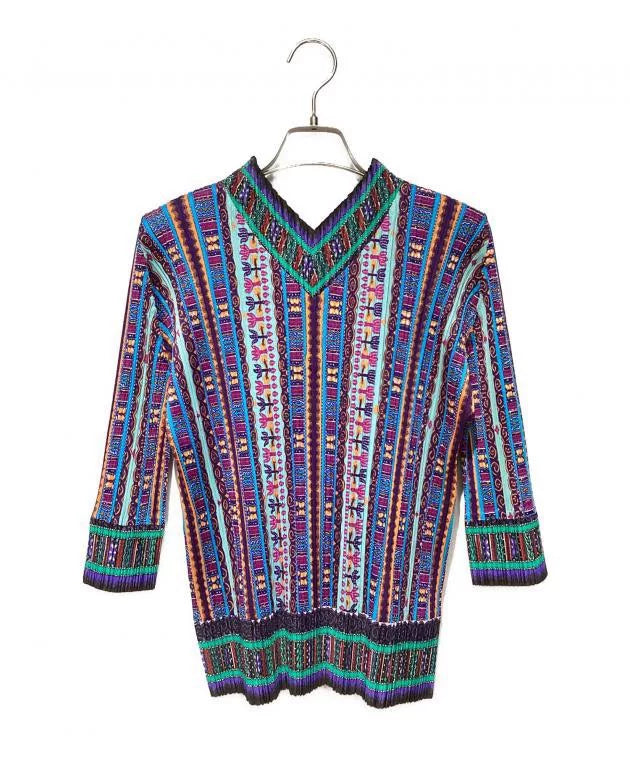 Issey Miyake Ethnic V-Neck Pleated Top