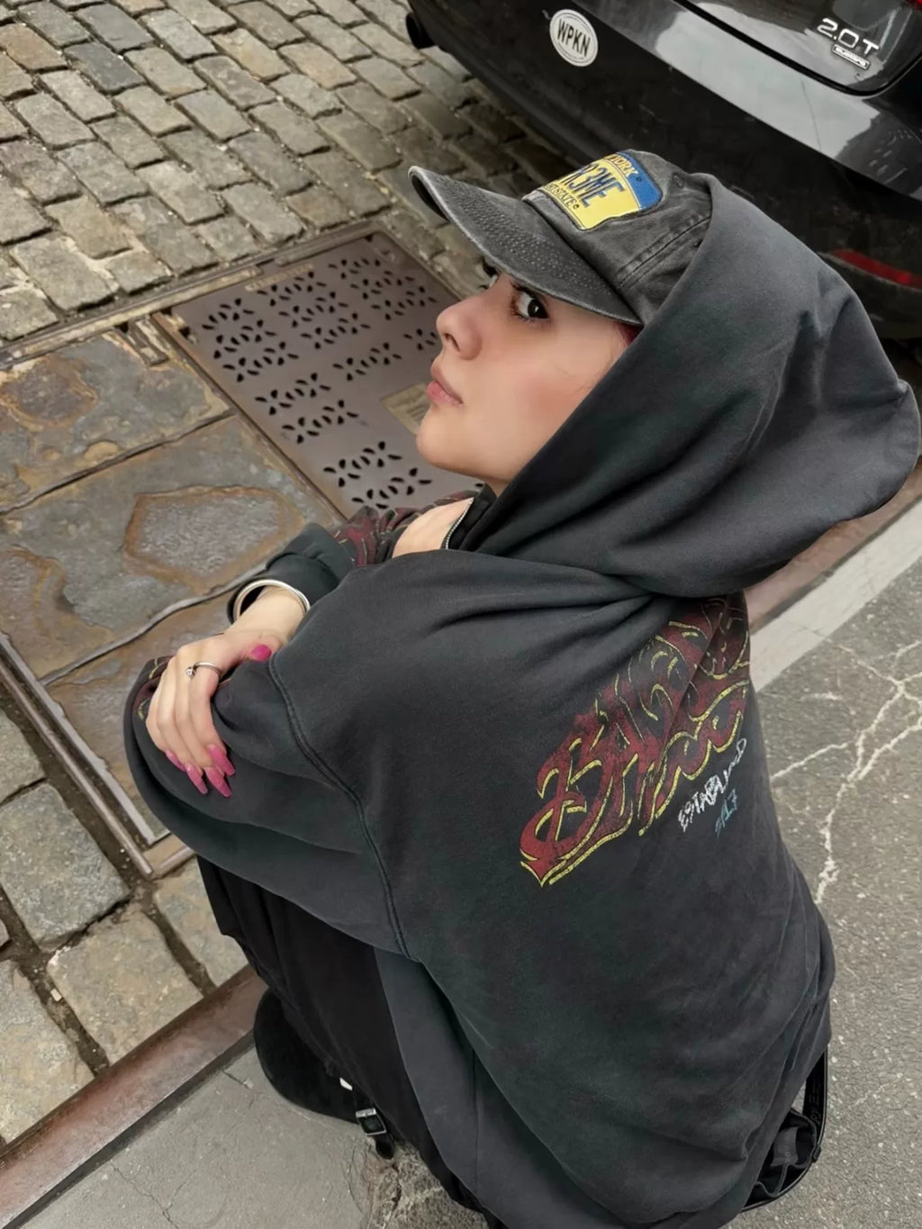 Balenciaga Distressed Flame Logo Zip-Up Hooded Top
