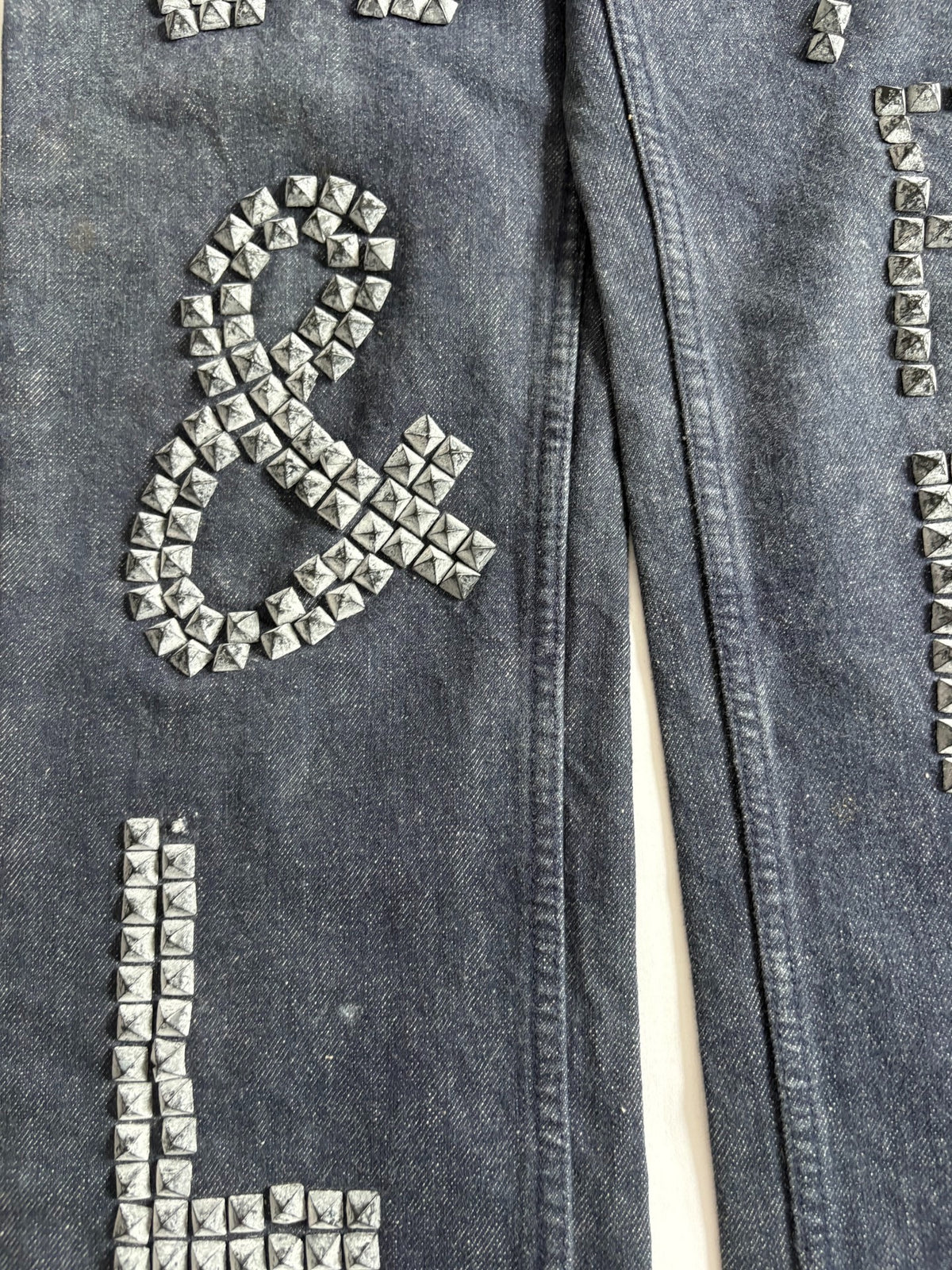 Walter van Beirendonck rivet patchwork jeans W&LT vintage runway piece rivet and spike patchwork jeans