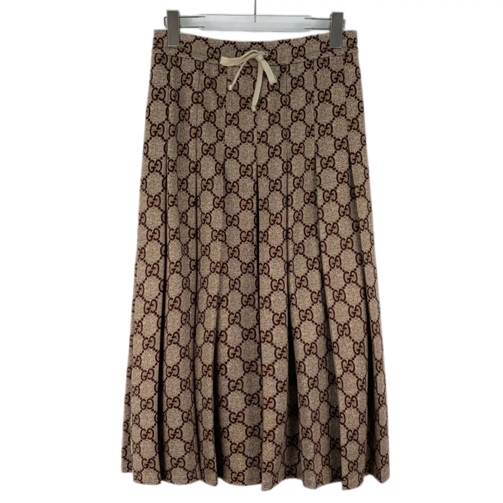 Gucci Ebony Double G Jacquard All-Over Print Drawstring Pleated Long Skirt