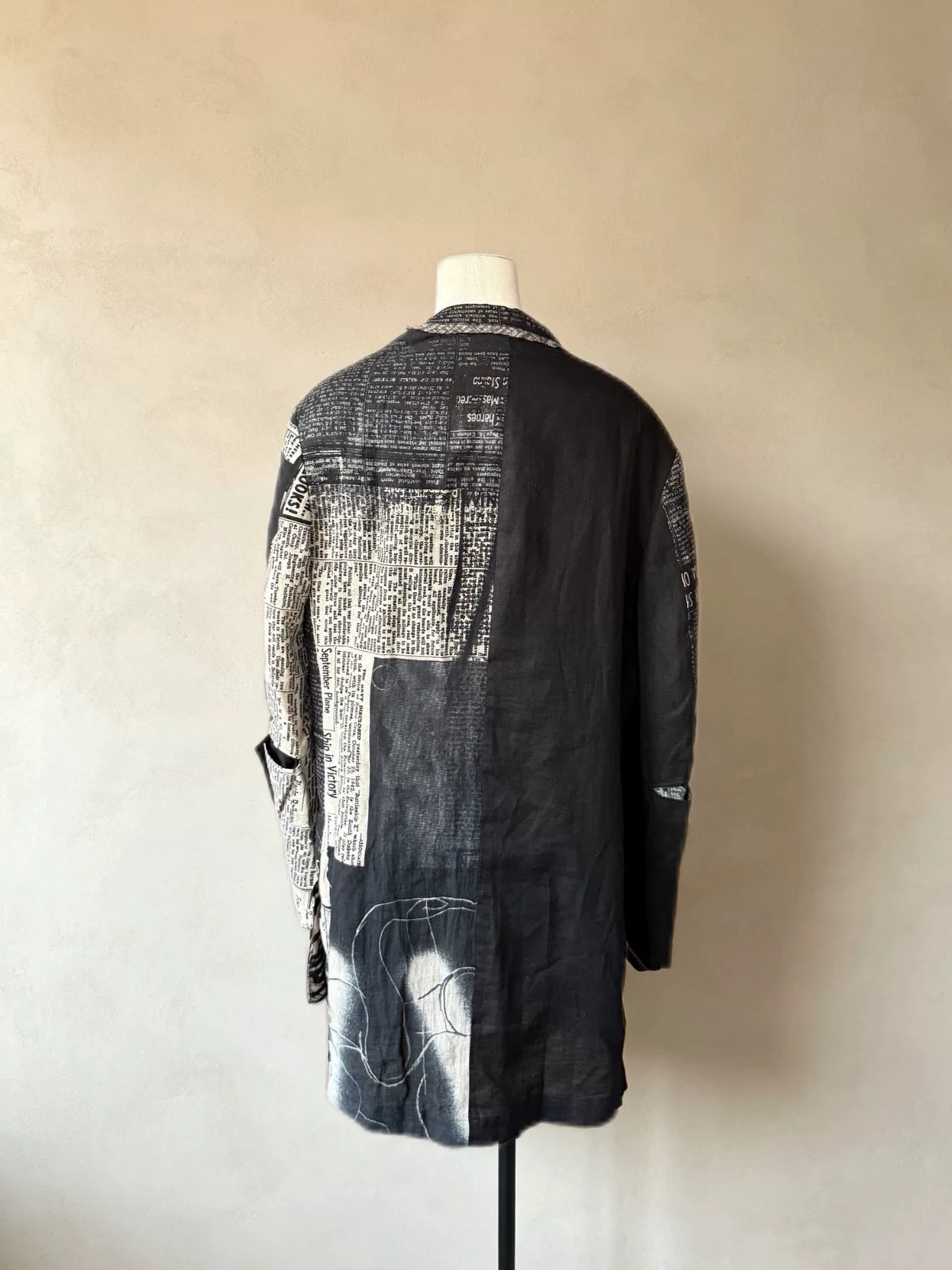 Yohji Yamamoto Black Newspaper Print Asymmetric Linen Coat
