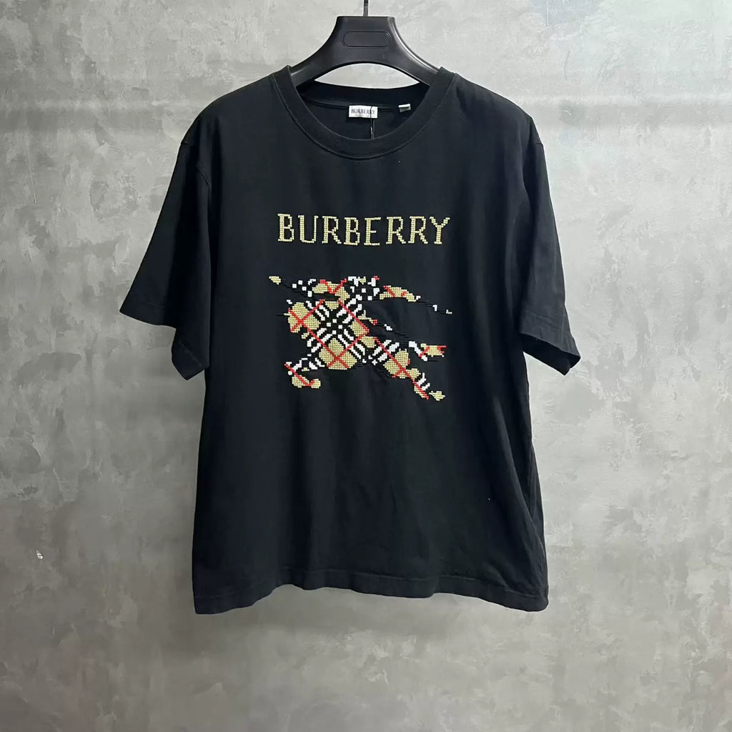 Burberry Black Logo Plaid Cross-Stitch Cotton T-Shirt
