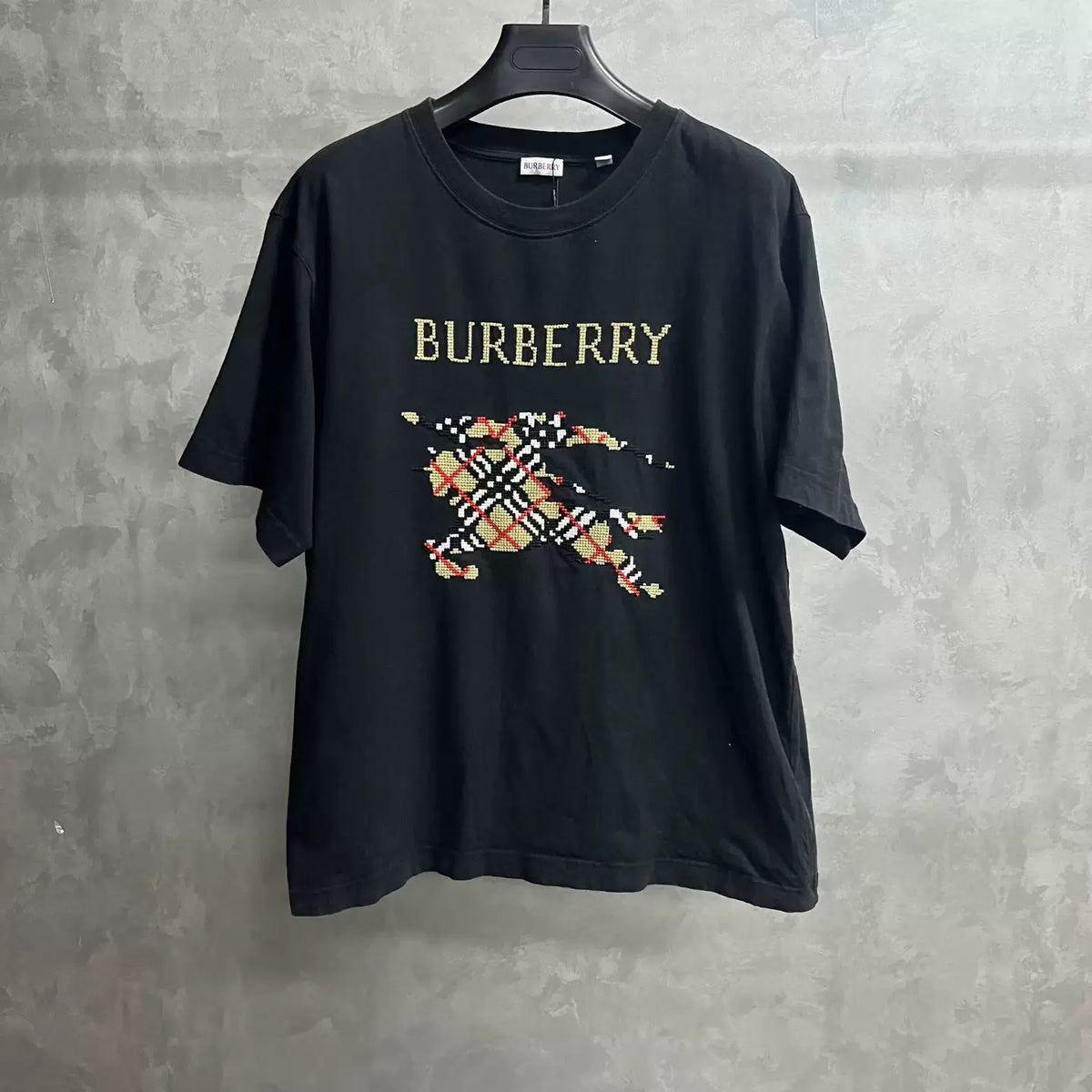 Burberry Black Logo Plaid Cross-Stitch Cotton T-Shirt