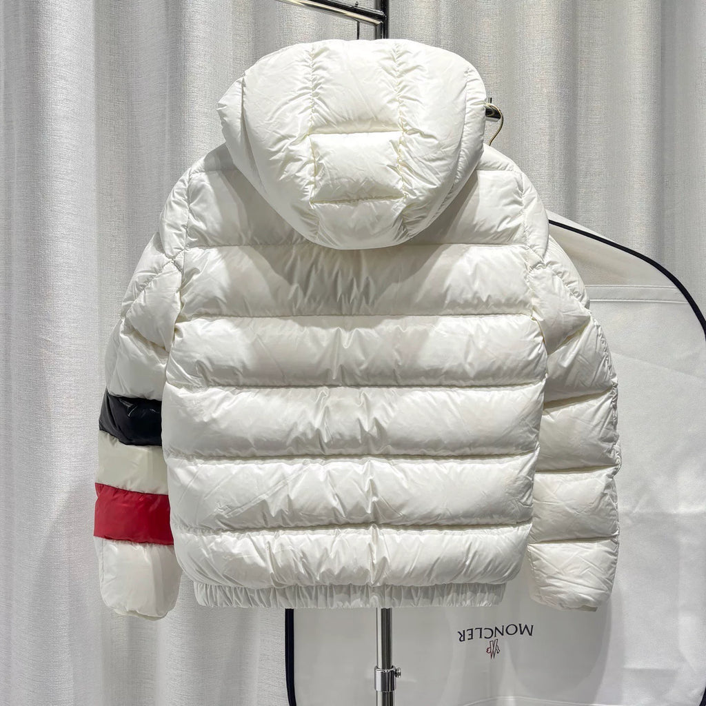 Moncler White Contrast Panel Detachable Hood Zip-Up Nylon Down Jacket
