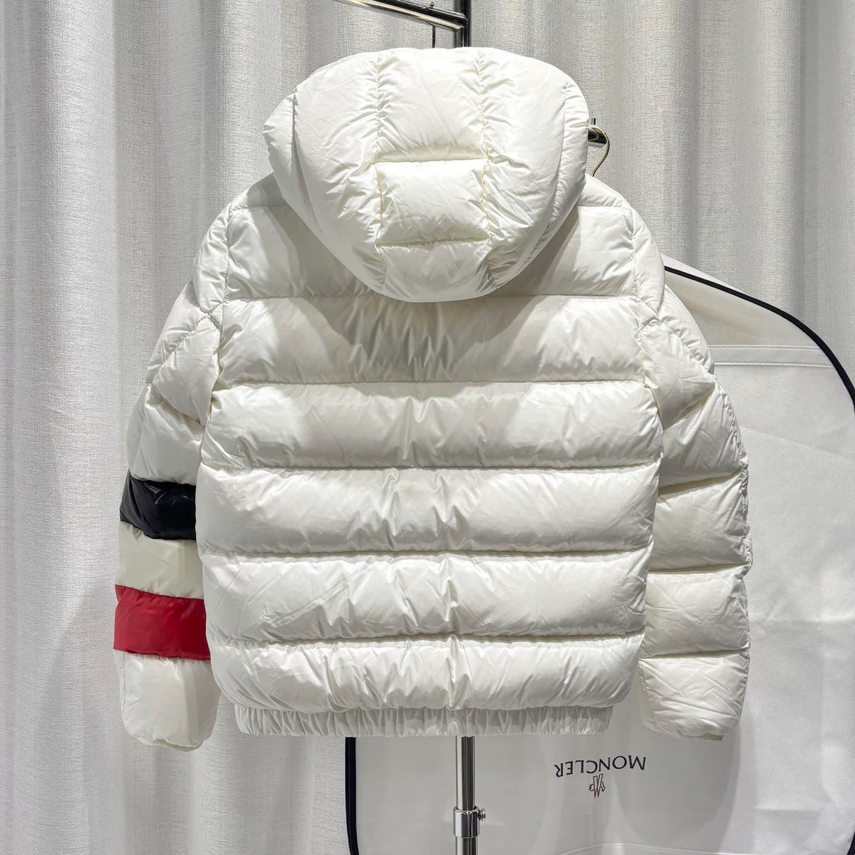 Moncler White Contrast Panel Detachable Hood Zip-Up Nylon Down Jacket