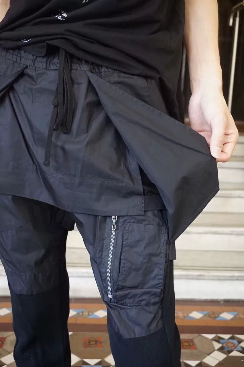 Julius SS16 Black Double-Layer Skirt-Panel Utility Splice Cotton Nylon Pants