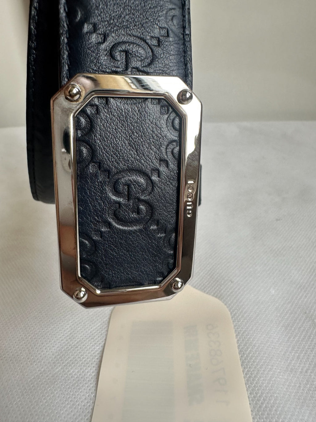 Gucci Black GG Monogram Silver Square Buckle Belt