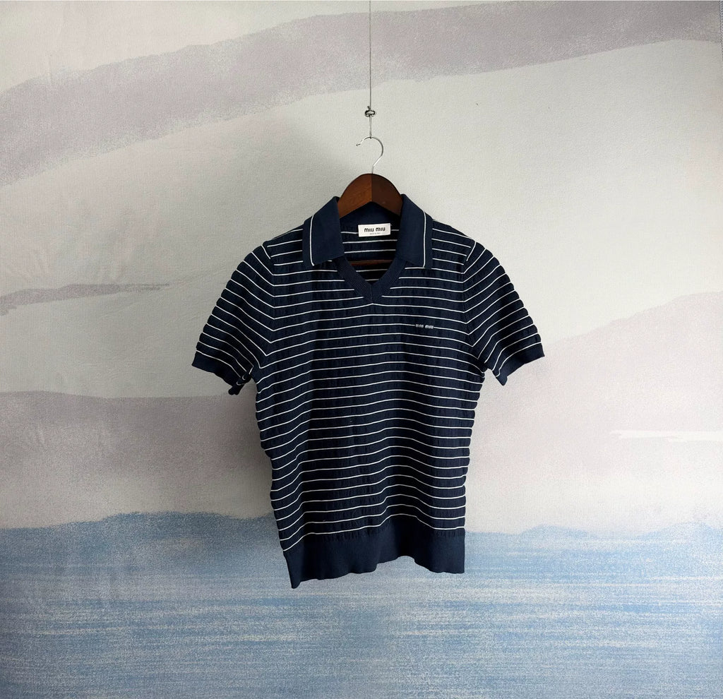 Miu Miu SS26 Navy Blue Collared Striped Knit Top