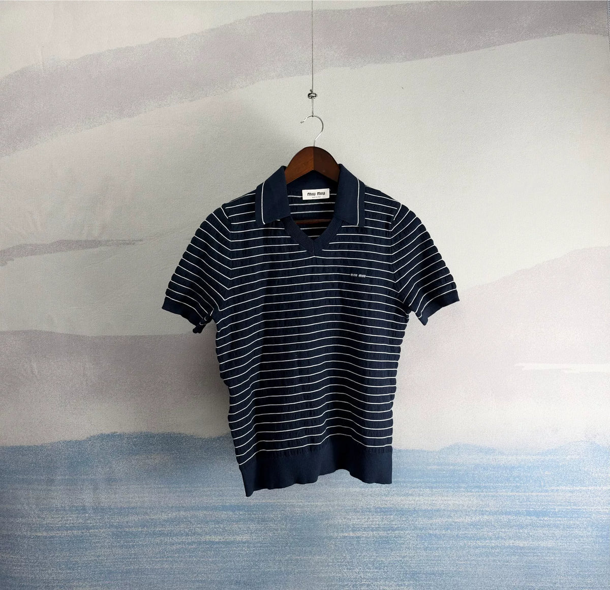Miu Miu SS26 Navy Blue Collared Striped Knit Top