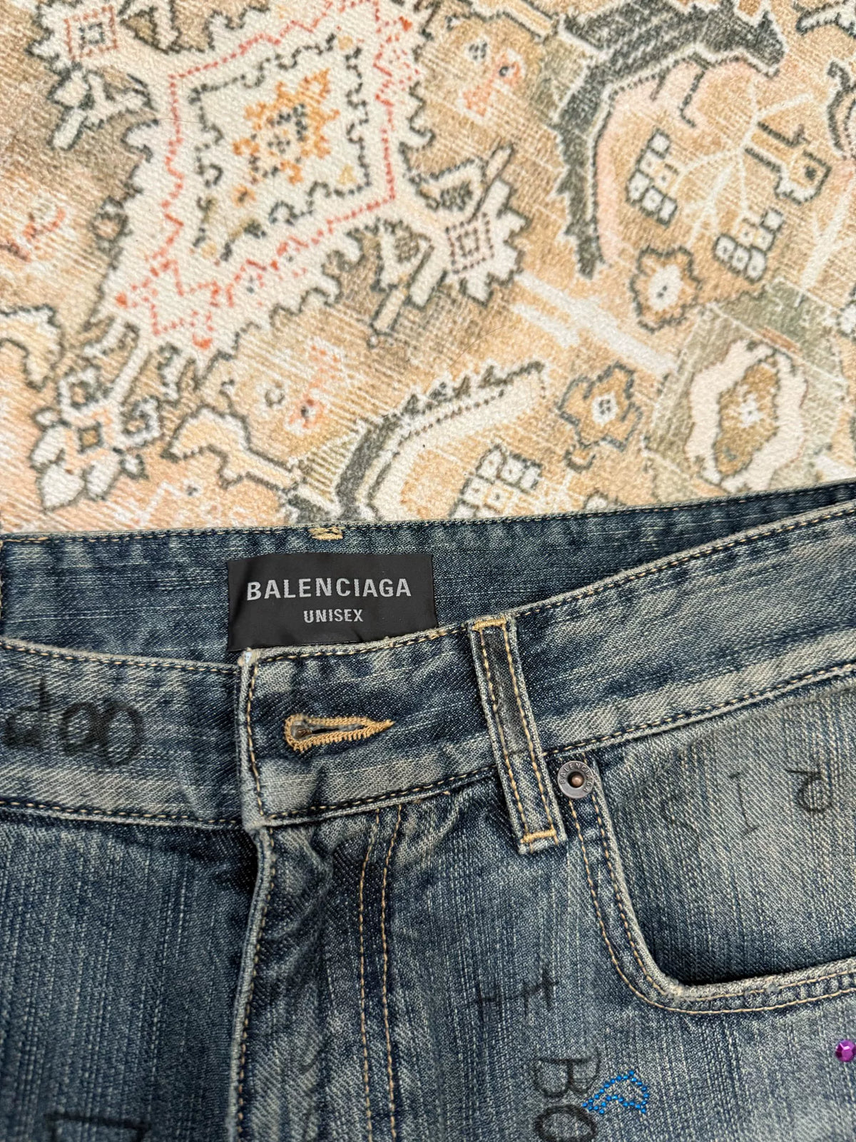 Balenciaga Multi-Element Rhinestone Graffiti Mud-Dyed Distressed Destroyed Jeans
