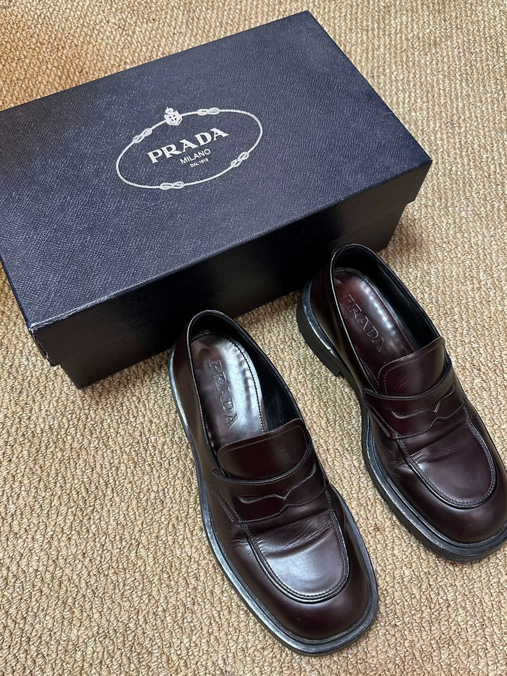 Prada Frankenstein Square-Toe Burgundy Loafers