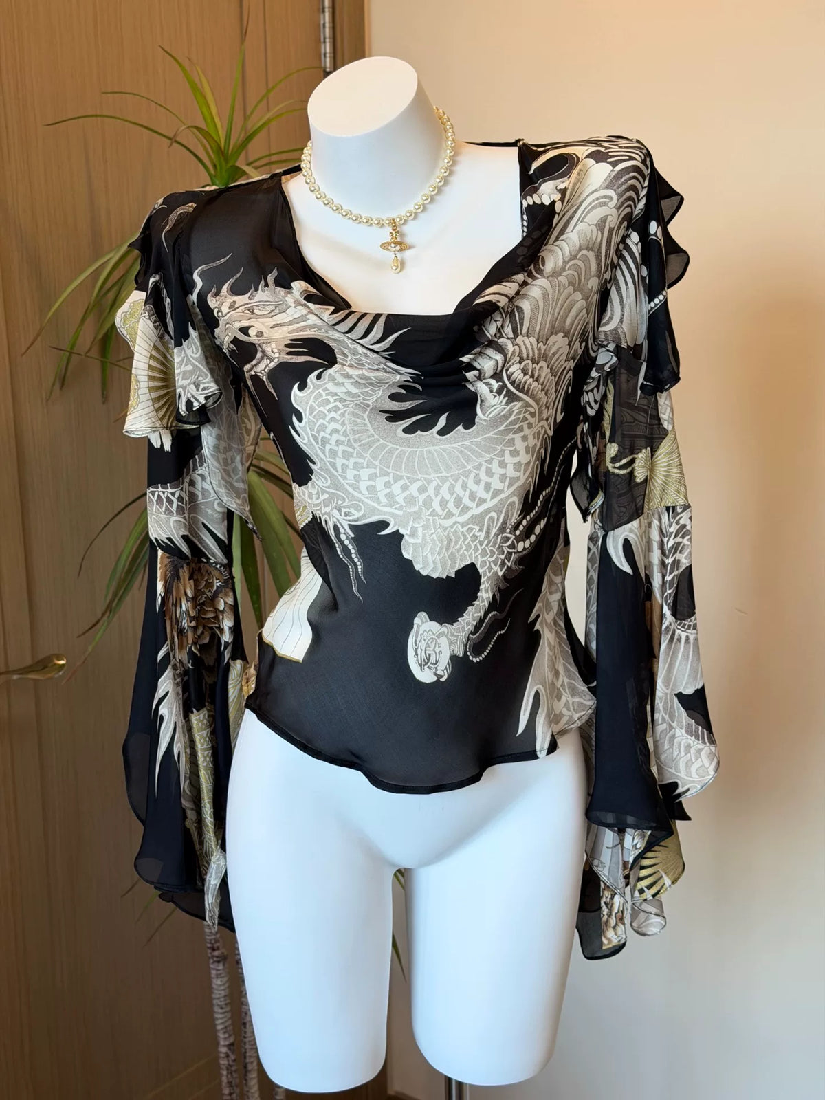 roberto cavalli rare vintage dragon pattern fan print top