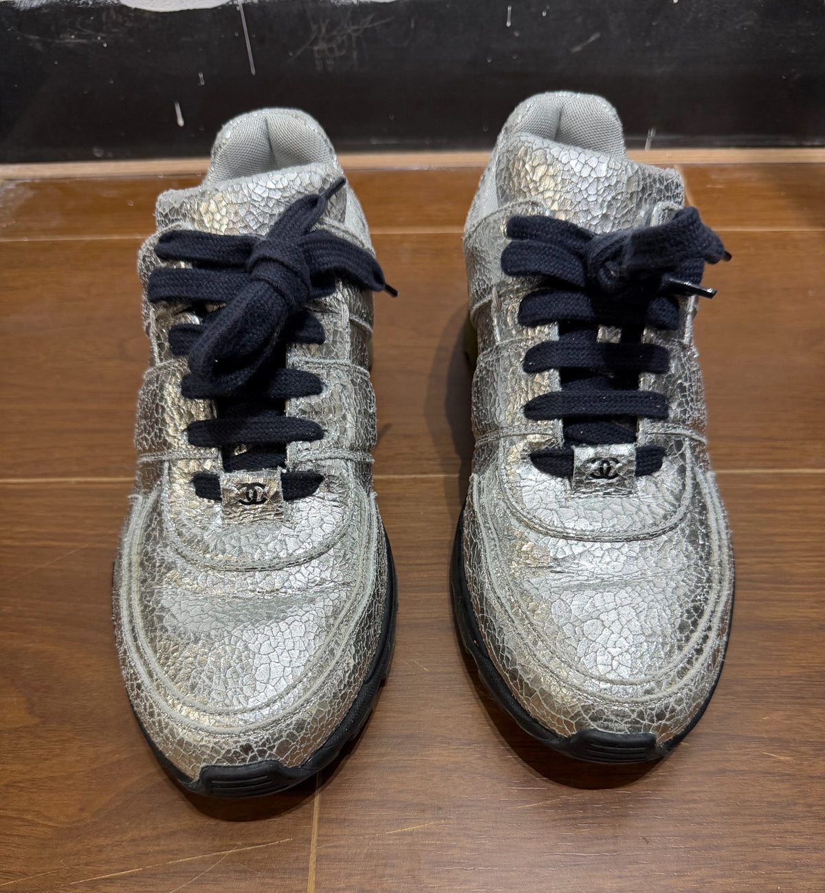 Chanel Silver Crinkle Leather Sneakers