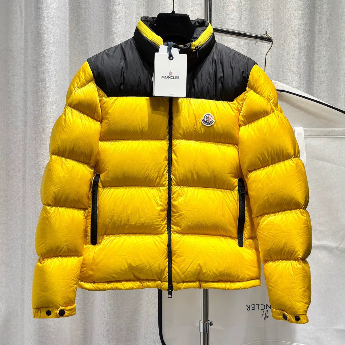Moncler PEUPLIER Yellow Letter Print Webbing Colorblock Hidden Hood Nylon Down Jacket