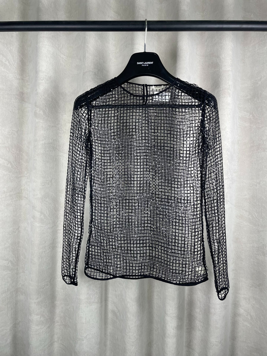 Saint Laurent FW15 Rhinestone Sequin Fishnet Black Top