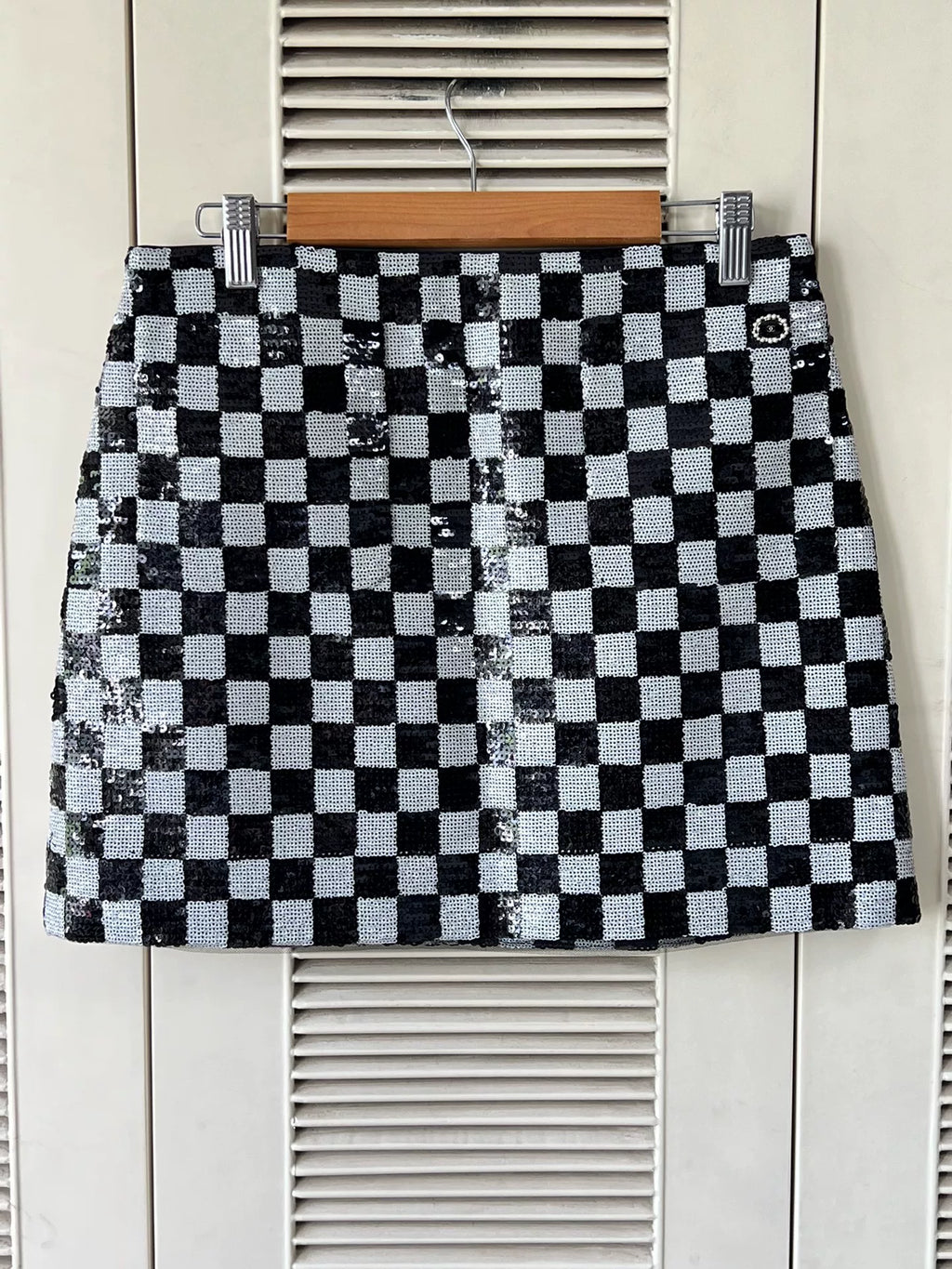 Chanel Checkerboard Sequined Black Plaid Skirt