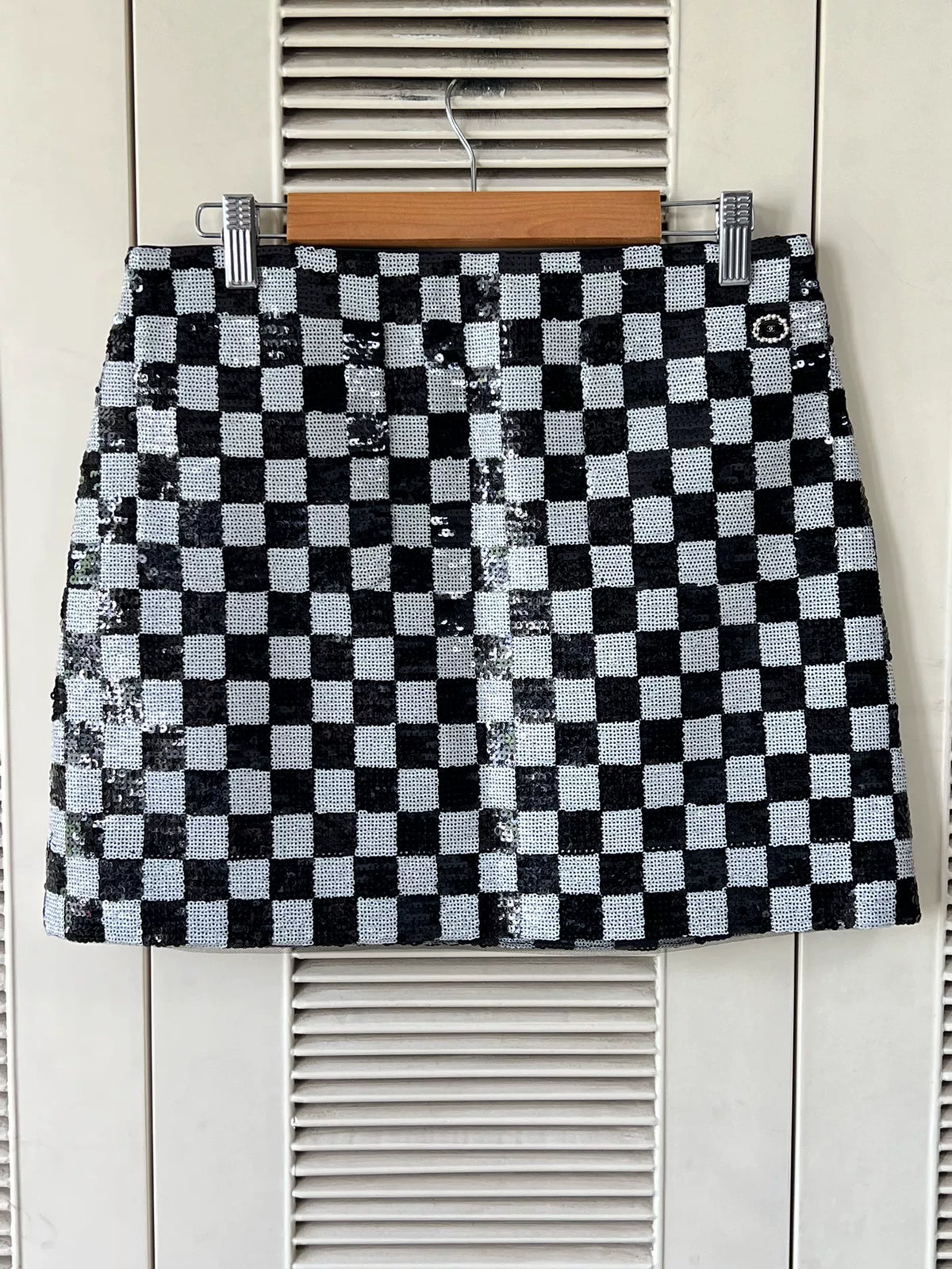 Chanel Checkerboard Sequined Black Plaid Skirt