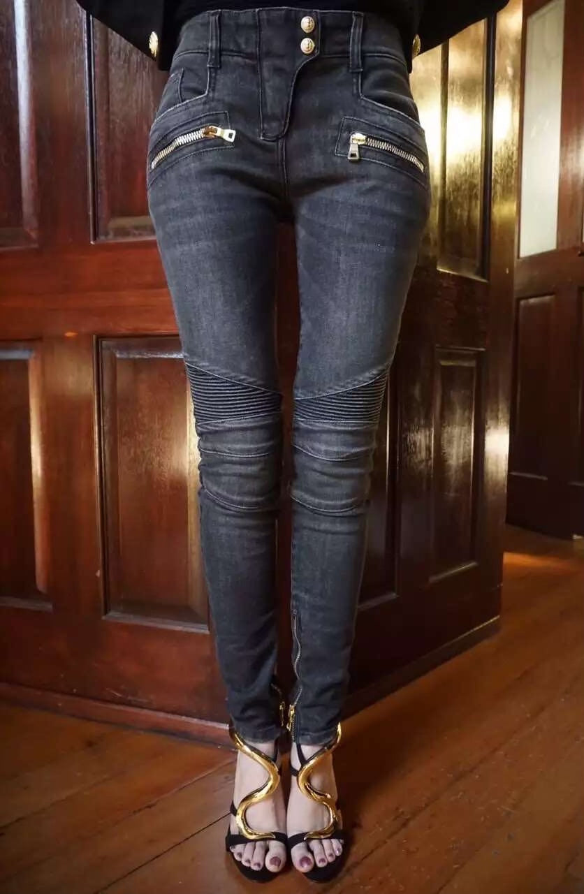 Balmain FW15 Sizs40 Dark Grey Black Gold Button Slim Fit Denim Jeans