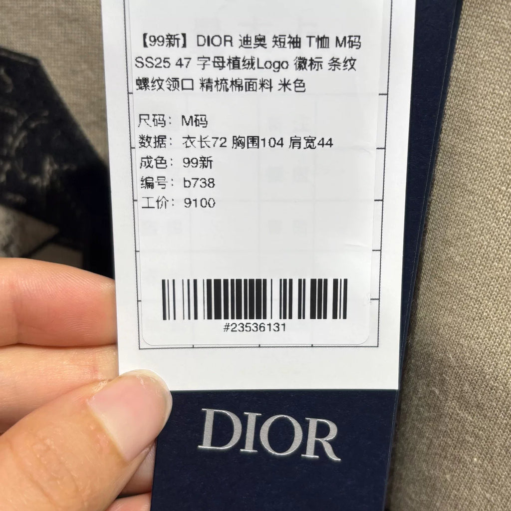 Dior SS25 Logo Striped Cotton Beige Short Sleeve T-Shirt