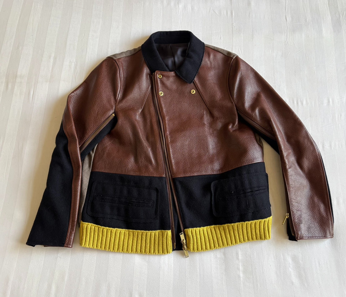 Undercover Zip Panel Leather Deconstructed Pleated Plaid Knit Jacket