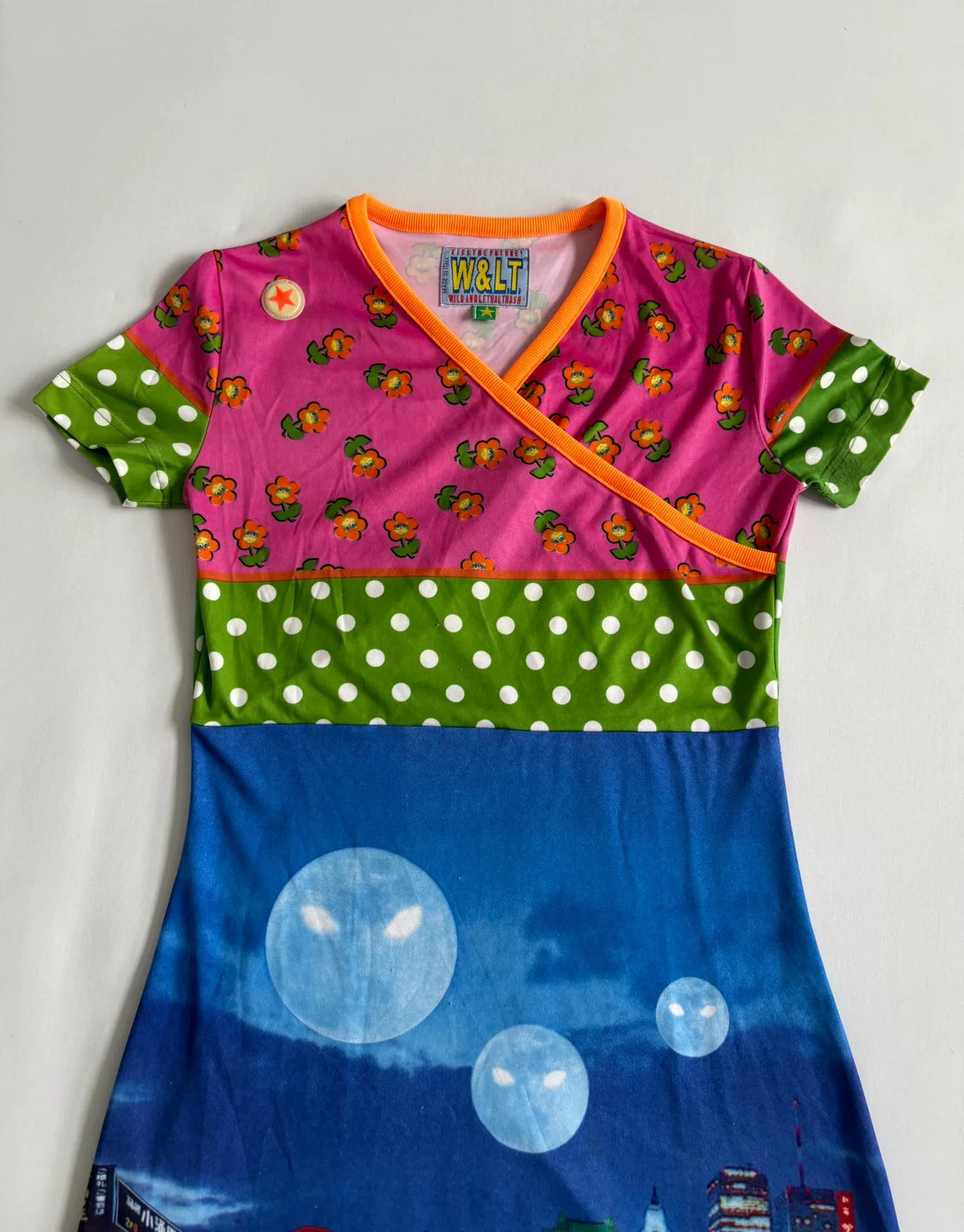 Walter van Beirendonck runway dress W&LT vintage 1997 runway piece city night view "Kiss the Future" print patchwork dress