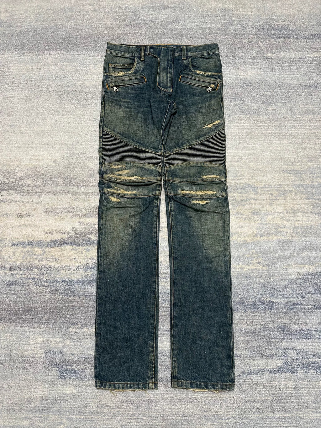 Balmain FW15 Distressed Biker Blue Jeans