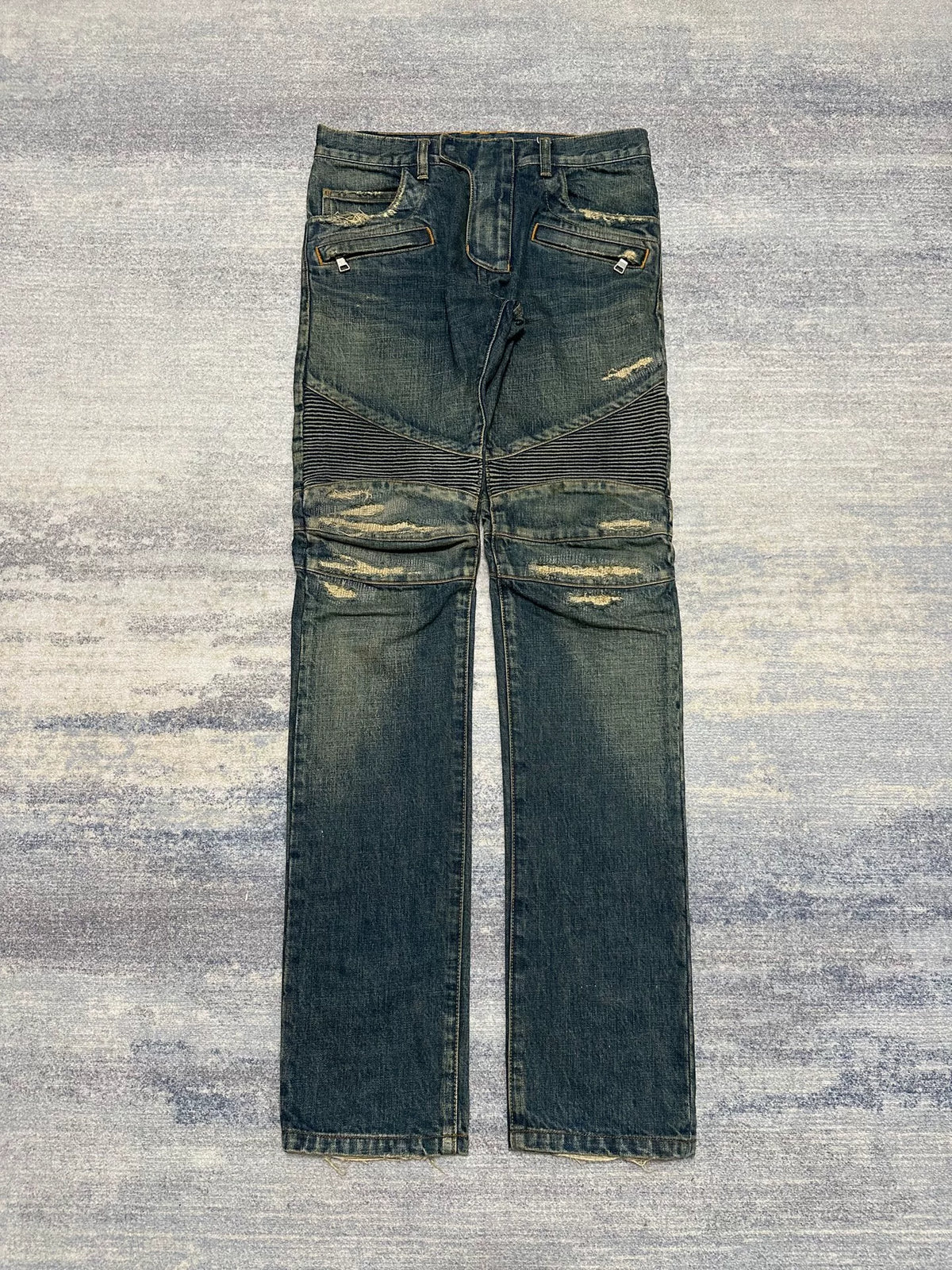 Balmain FW15 Distressed Biker Blue Jeans