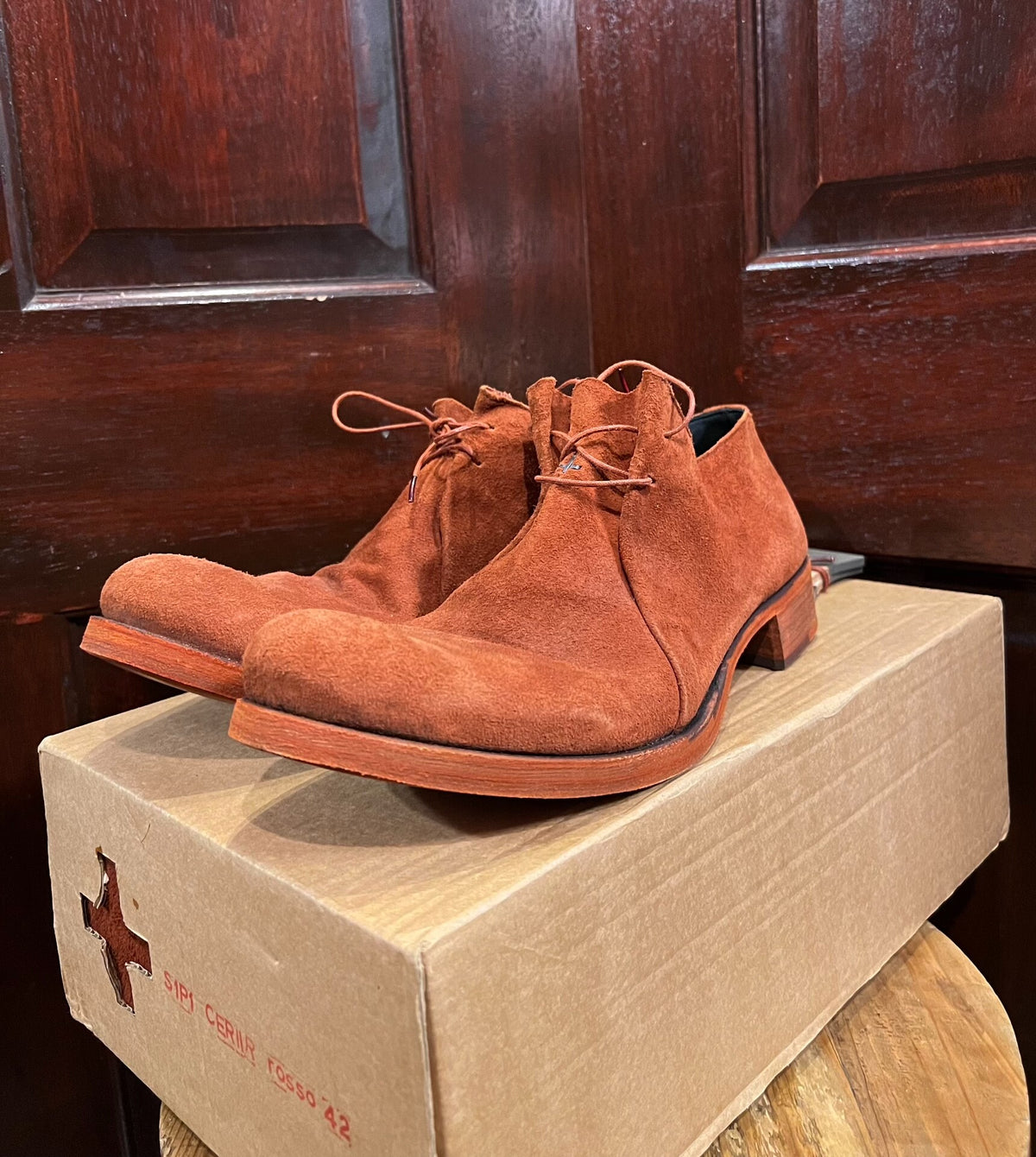 M.A+ Rosso Double Fold Coral Red Suede Derby Shoes