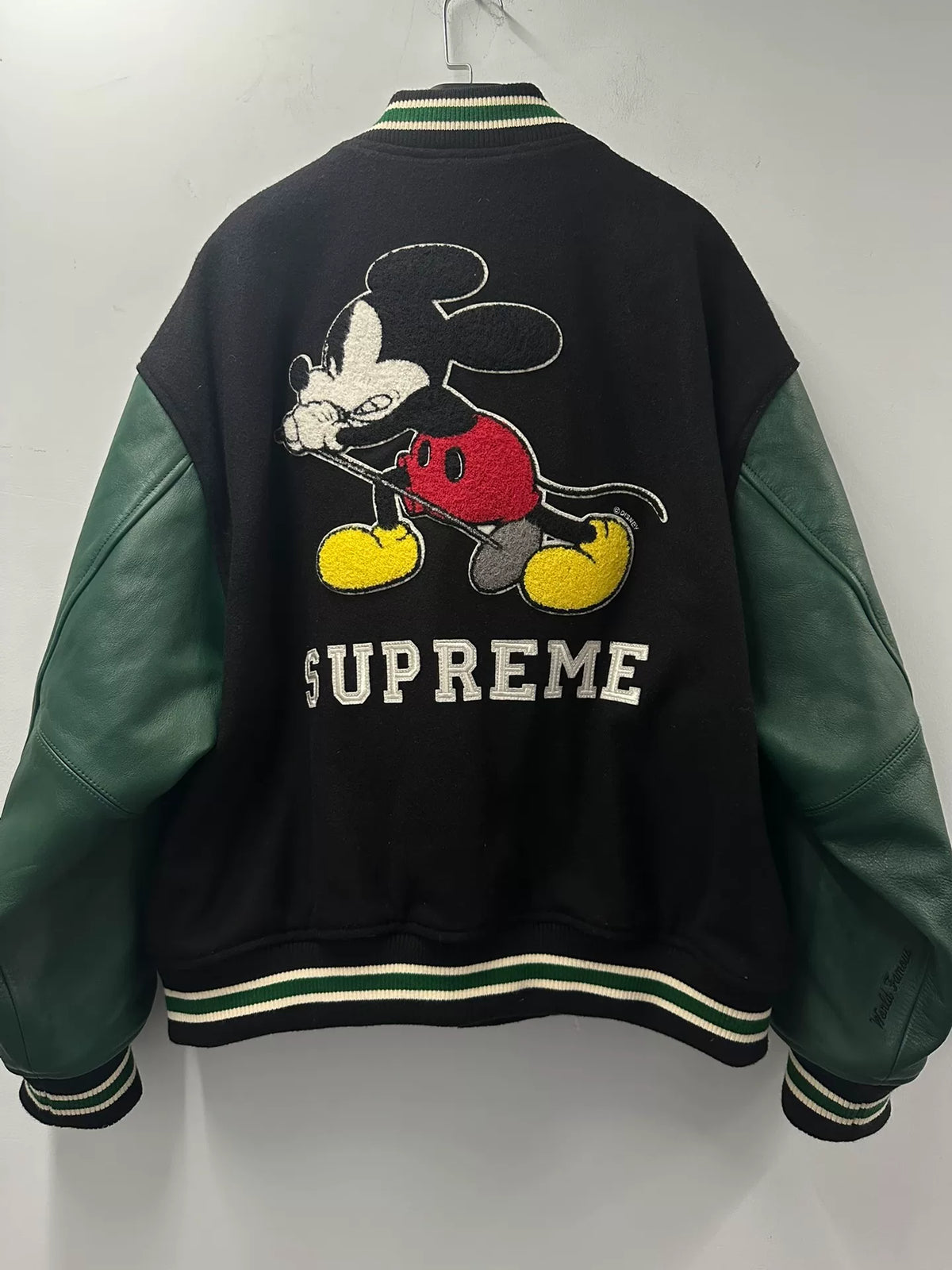 Number Nine Supreme 25FW Week 8 Mickey Mouse Leather-Sleeve Baseball Jacket